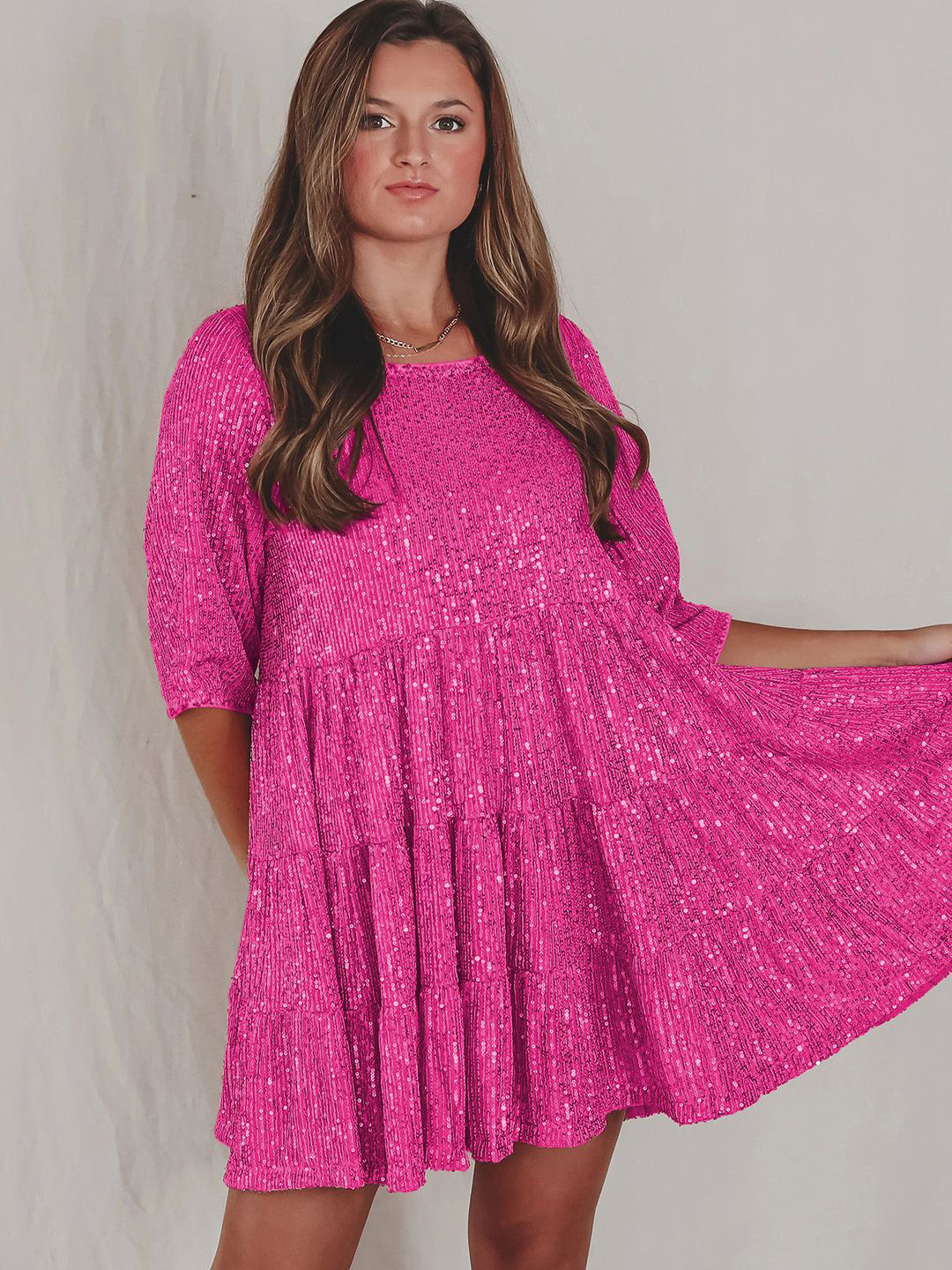 JC Mode Sequined Embellished Tiered Flared Sleeves Fit And Flare Party Wear Mini Dress