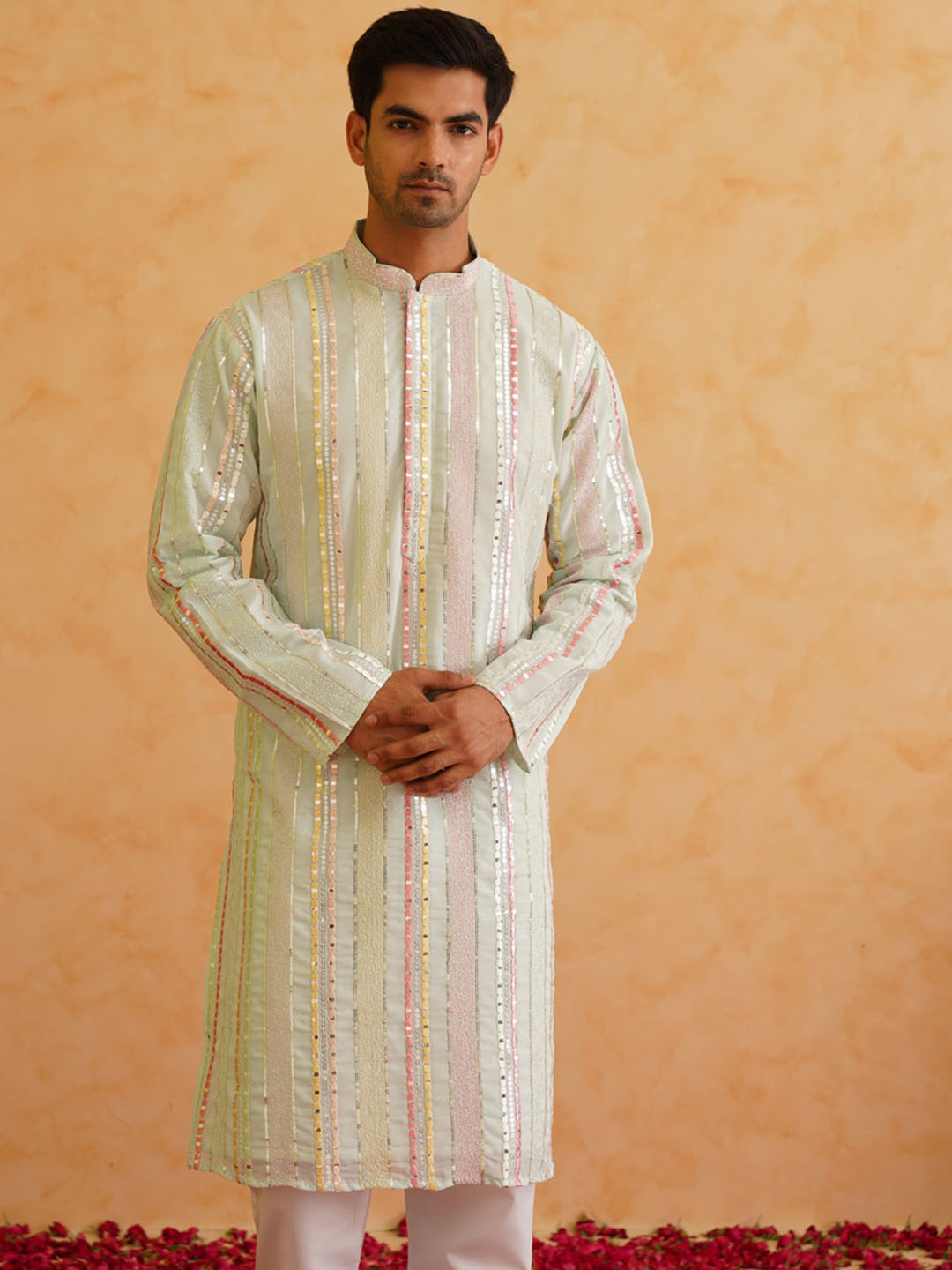 SOJANYA LUXE Striped Woven Design Mandarin Collar Sequined Straight Kurta