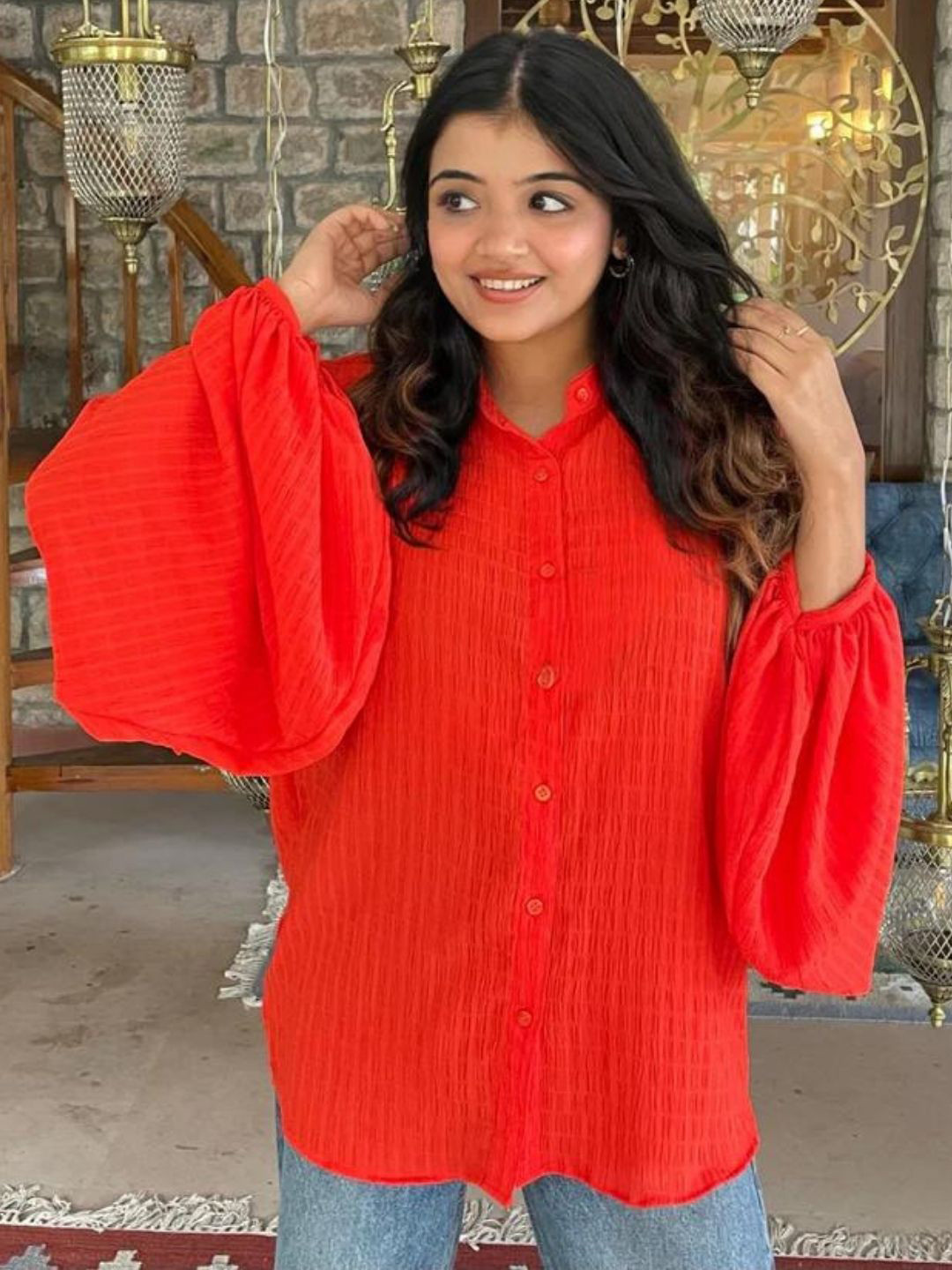 HEY MISSY Comfort Self Design Puff Sleeves Cotton Casual Shirt