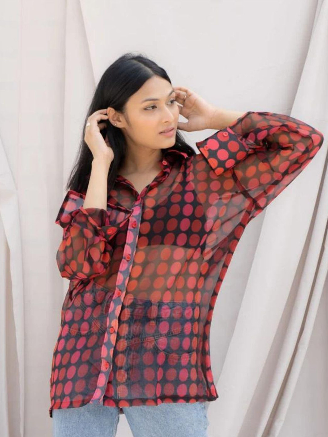 HEY MISSY Comfort Semi Sheer Polka Dots Printed Casual Shirt