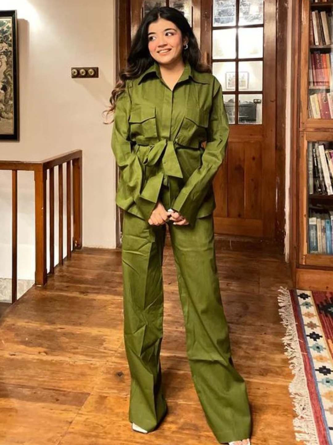 HEY MISSY Pure Cotton Shirt Collar Neck Shirt & Flared Trouser & Belt Co-Ords