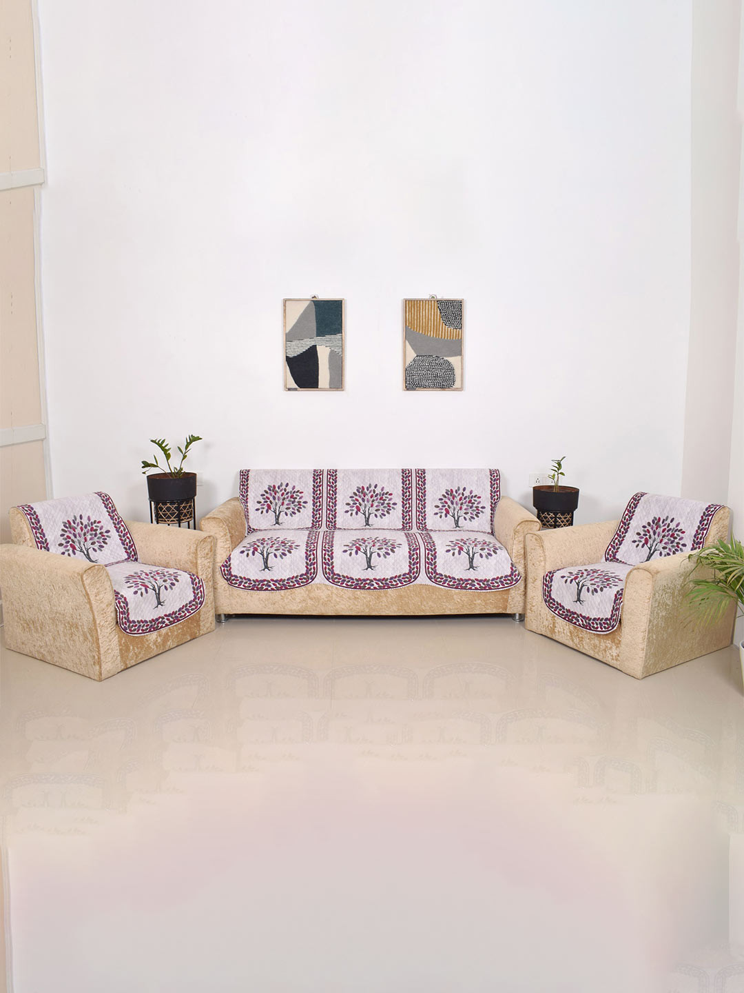BELLA TRUE Off White & Pink 6 Pieces Printed 5 Seater Sofa Covers