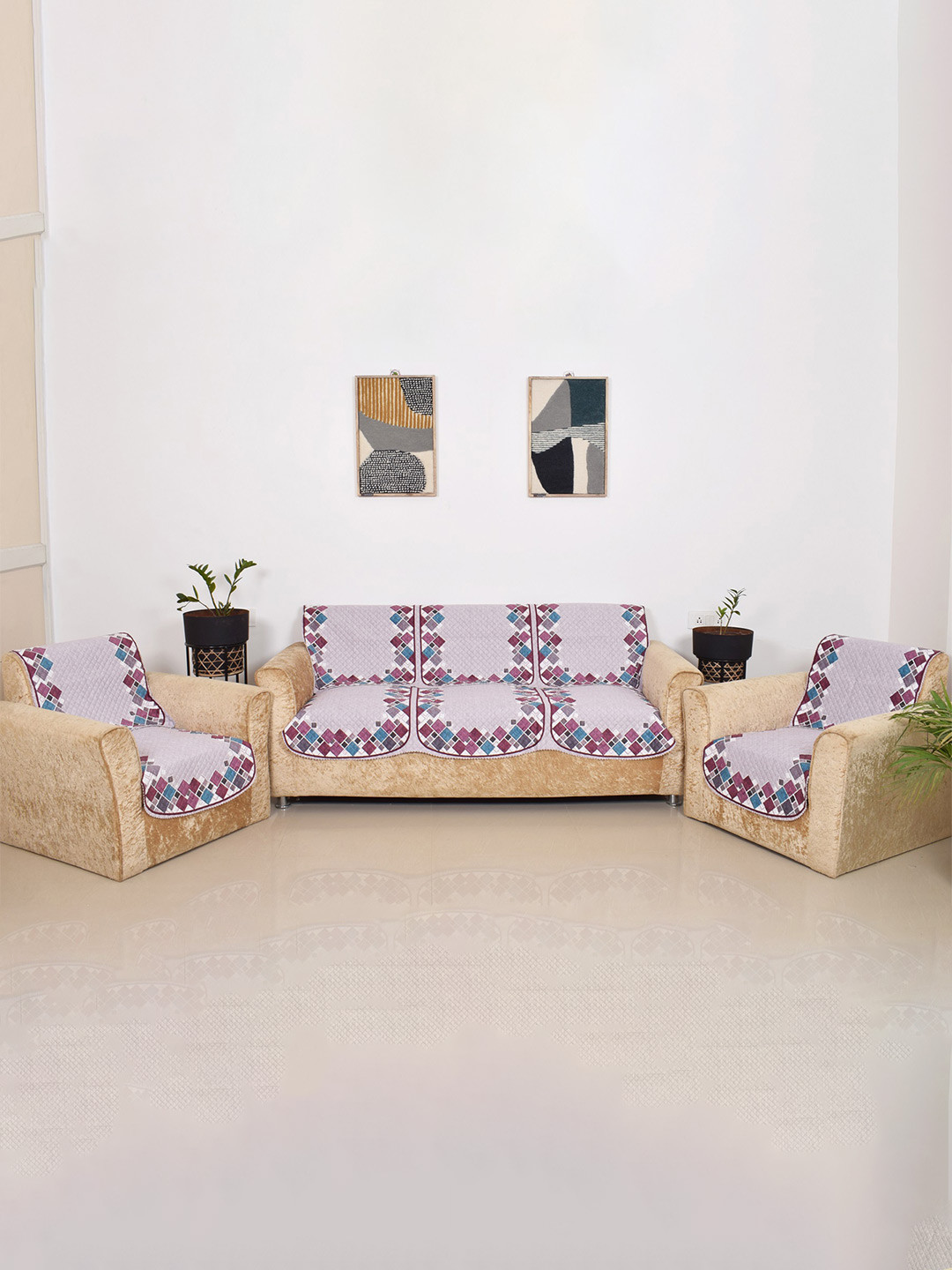 BELLA TRUE Mauve & Purple 3 Pieces Printed 5-Seater Sofa Covers