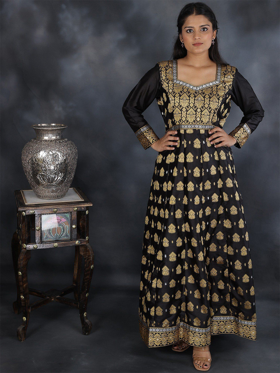 Exotic India Black Pure Silk Anarkali Dress with Resham Floral-Geometric Brocade Pattern