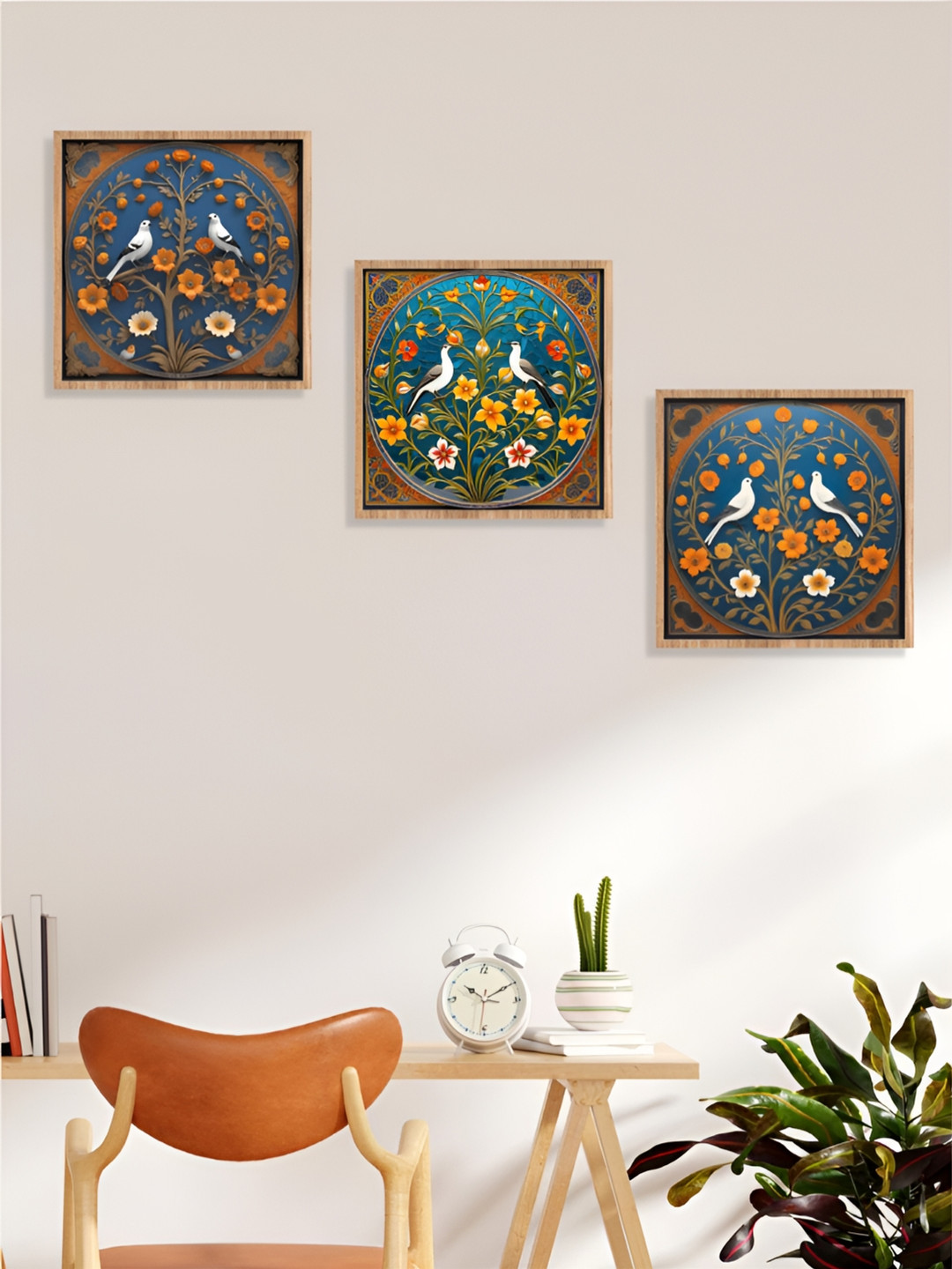 Aura Blue & Orange 3 Pieces Floral and Botanical Painting Wall Arts