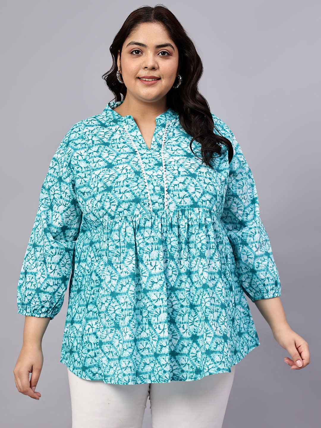 Indietoga Women Plus Size Cotton Printed Mandarin Collar Puff Sleeve Longline Top