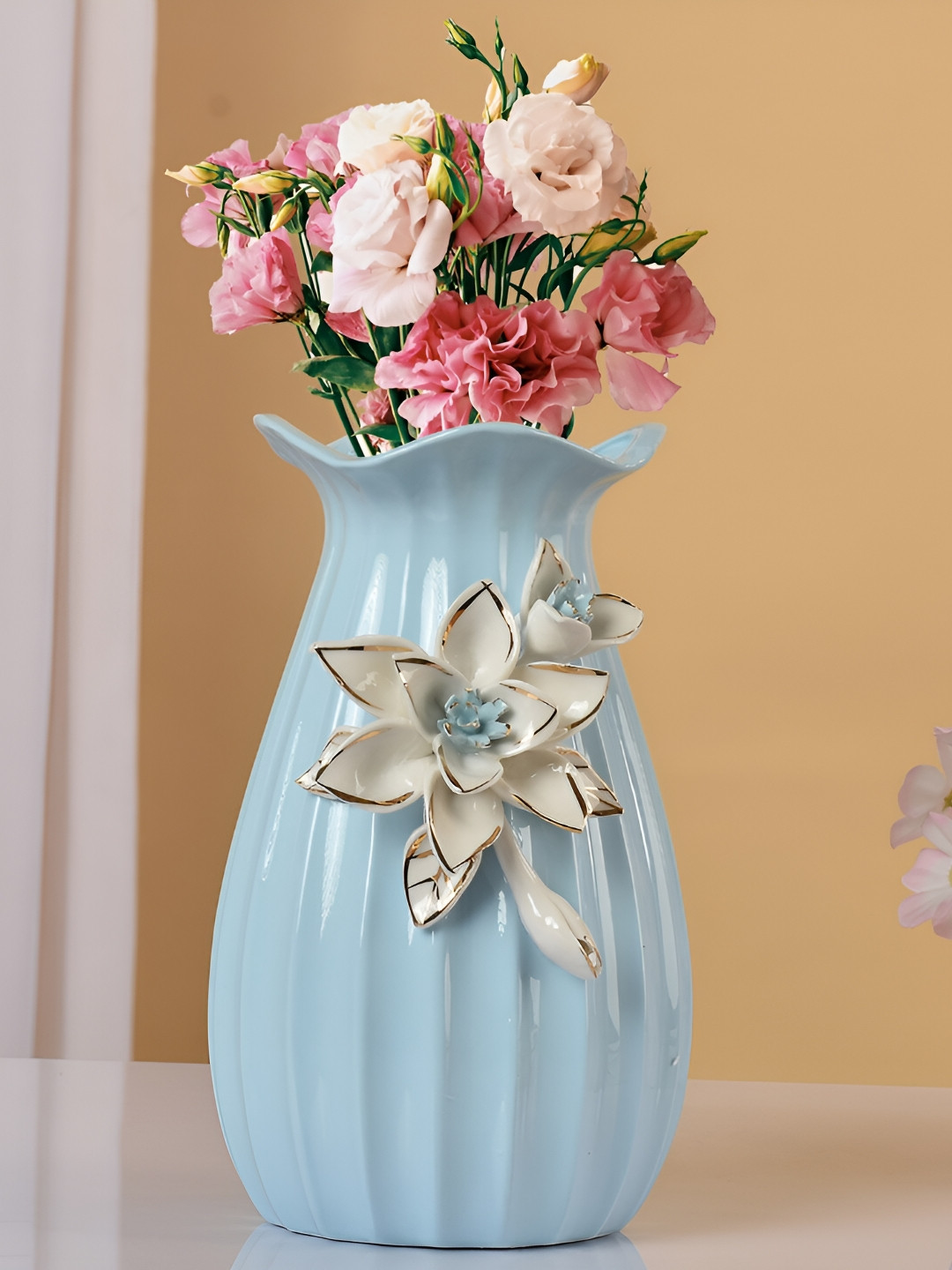 Aura Blue Engraved Flower Patterned Cylinderical Vase