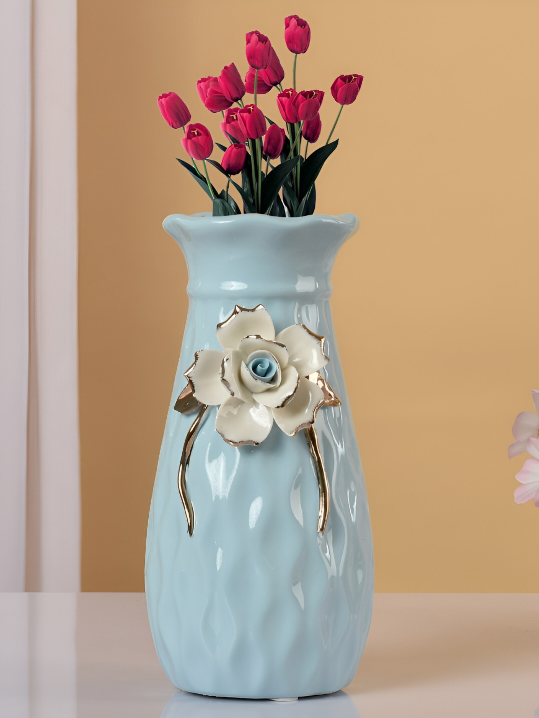 Aura Blue Textured Flower Design Ceramic Flower Vase