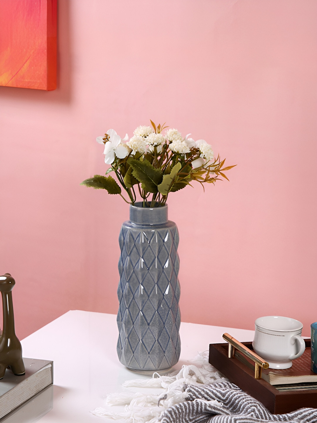 Aura Blue Geometric Designed Ceramic Vase