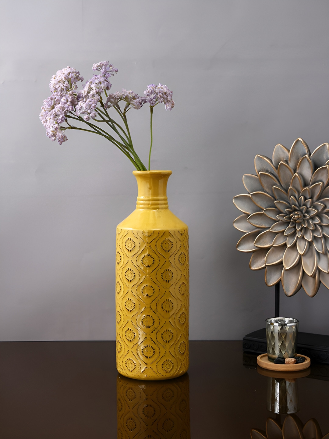 Aura Yellow Bottled Shape Arabic Artworked Ceramic Vase