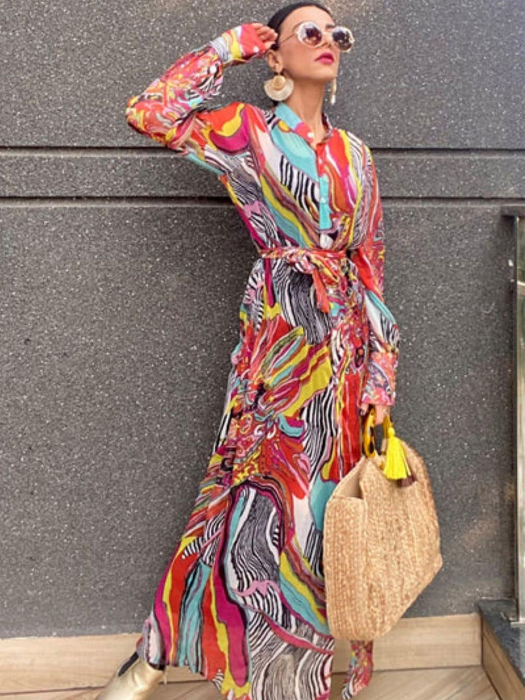 HEY MISSY Abstract Printed Mandarin Collar Waist Tie-Ups Chiffon Maxi Dress