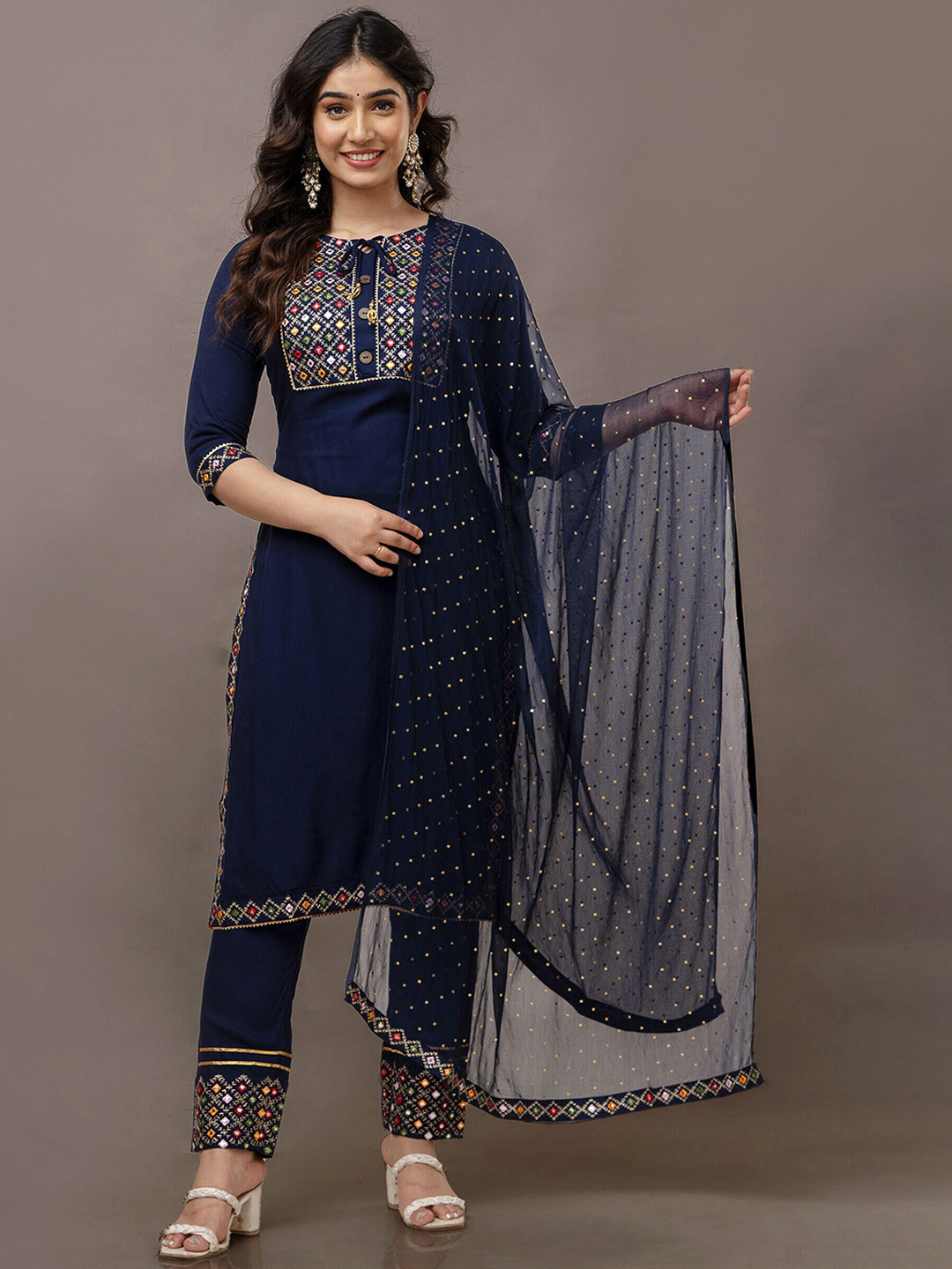 KRISKA Embroidered Regular Mirror Work Kurta with Trousers & With Dupatta