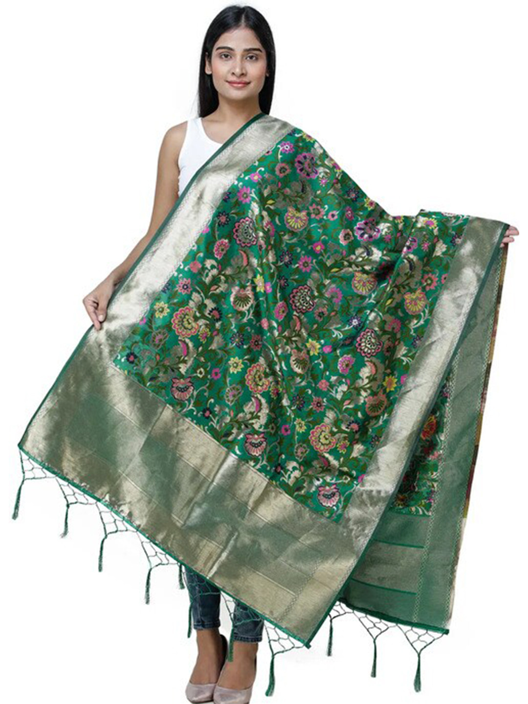 Exotic India Verdant Green Brocade Art Silk Dupatta with Woven Floral Motifs All-Over