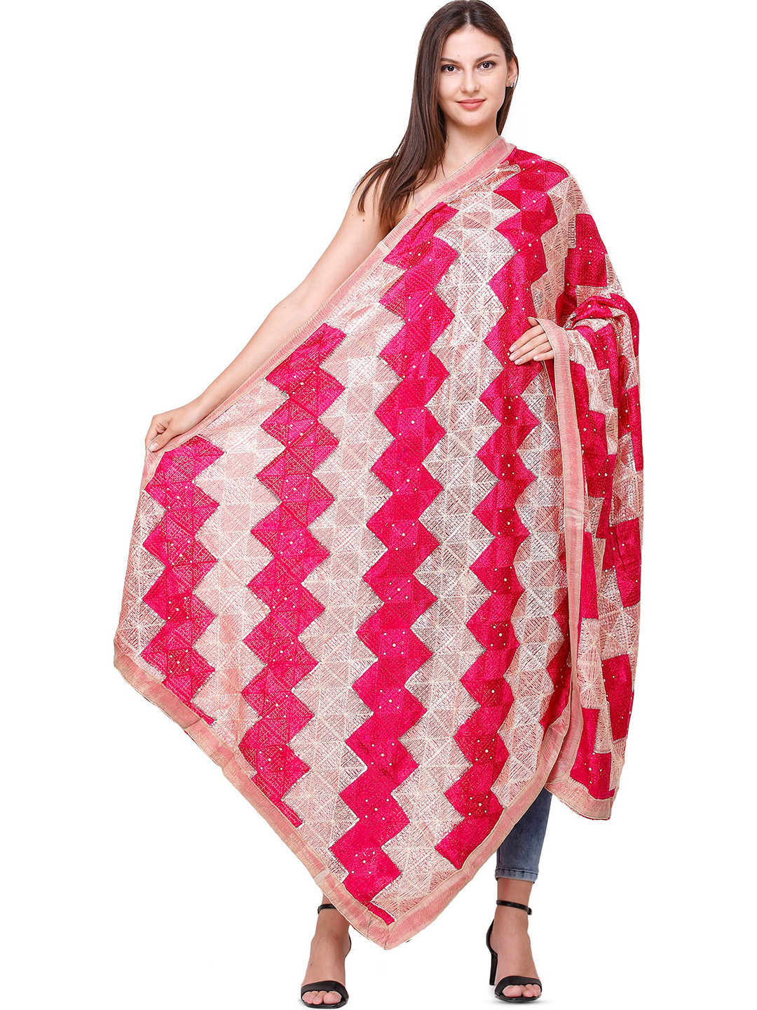 Exotic India Fuchsiarose Phulkari Art Silk Dupatta with Sequins and Gota Border