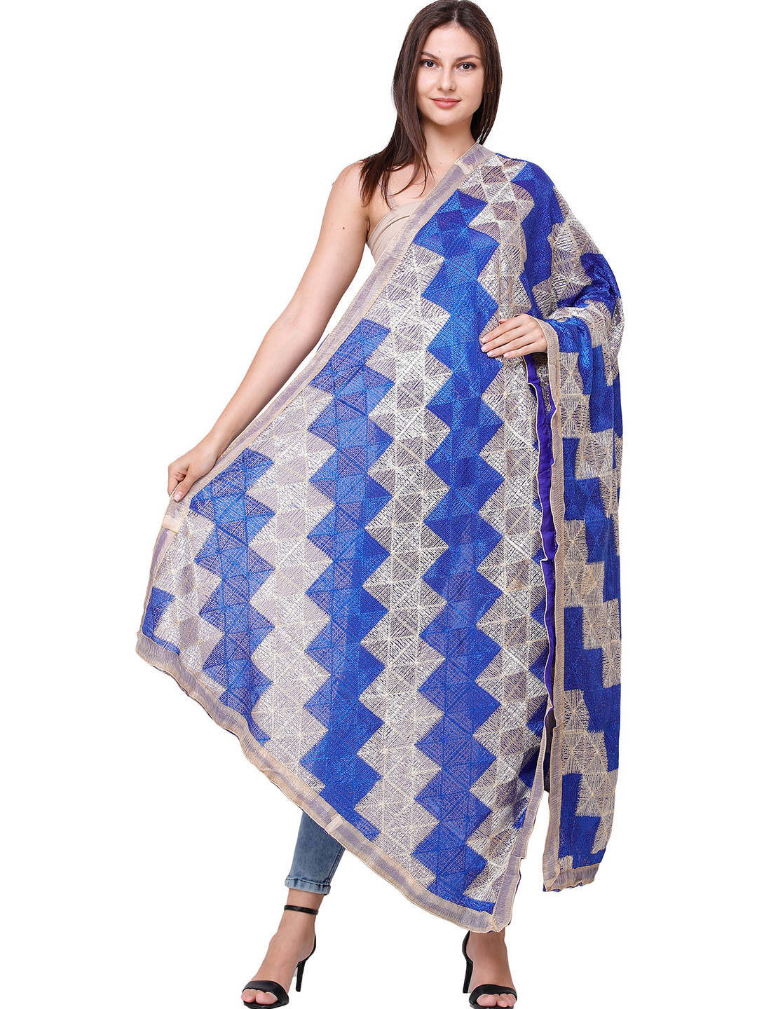 Exotic India Ultramarineblue Phulkari Art Silk Dupatta with Embroidery and Gota Border
