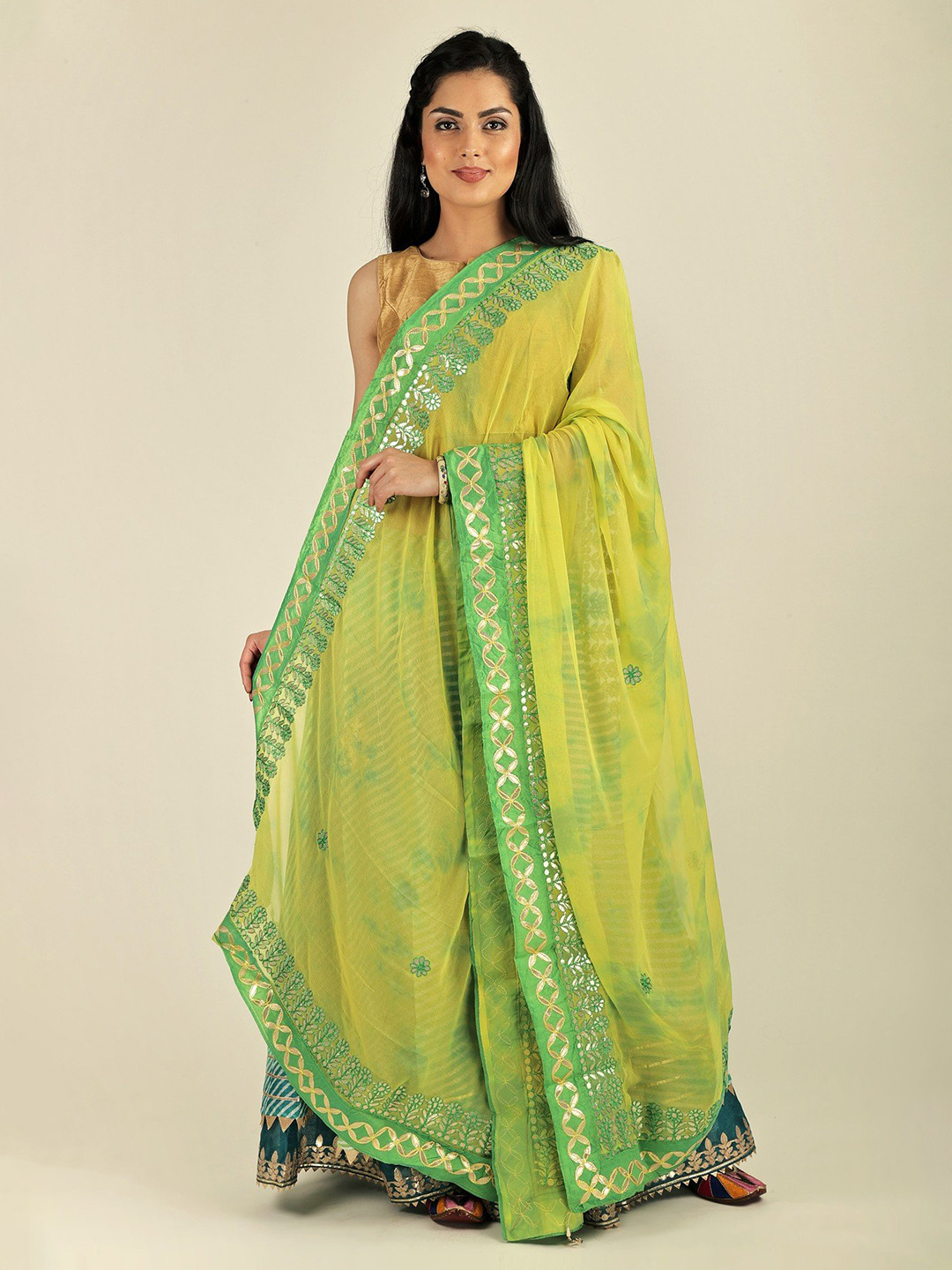 Exotic India Limeade Tie & Dye Digital Print Bemberg Extra-Wide Dupatta With Tassels