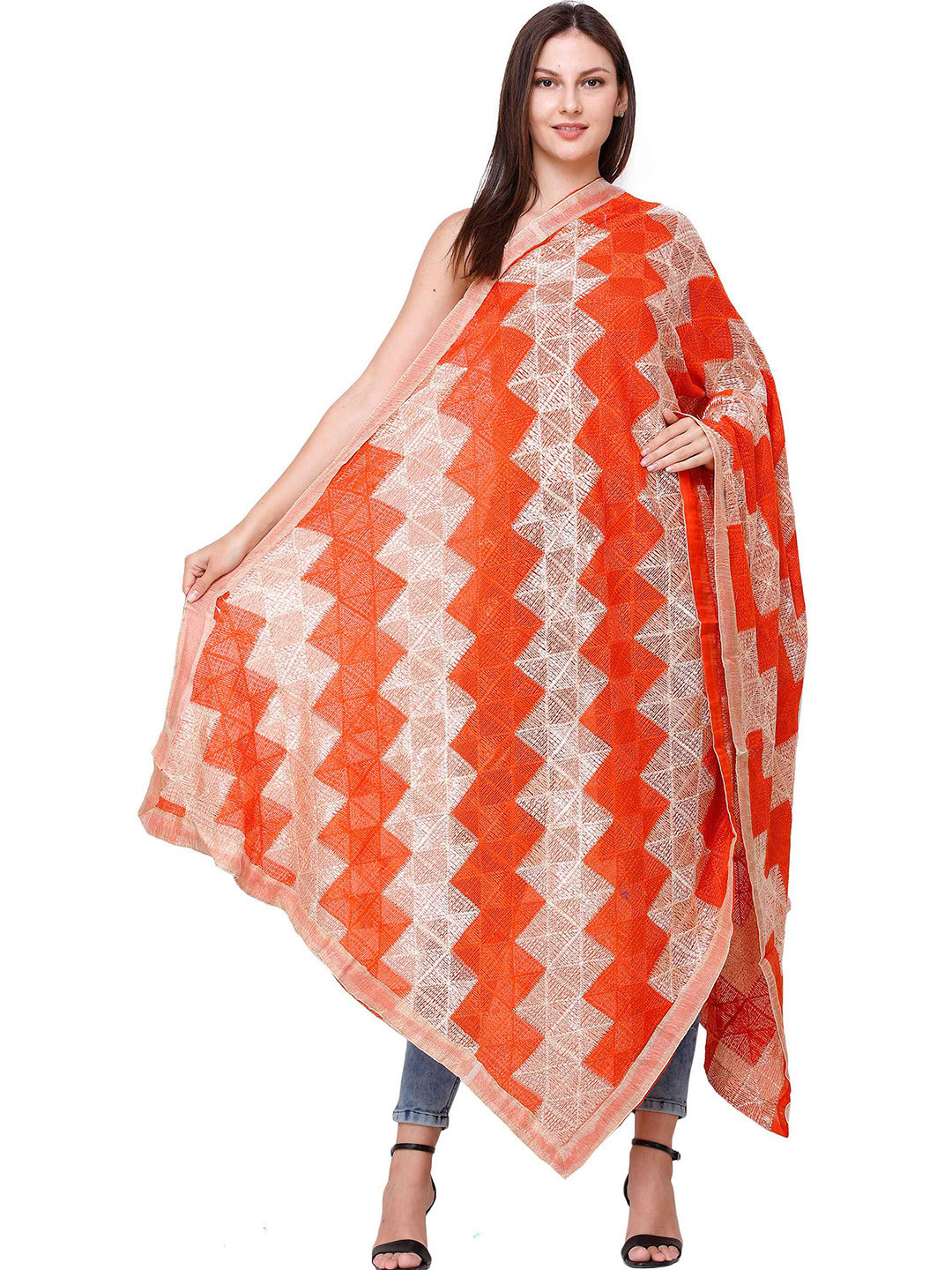 Exotic India Flame Phulkari Art Silk Dupatta with Embroidery and Gota Border