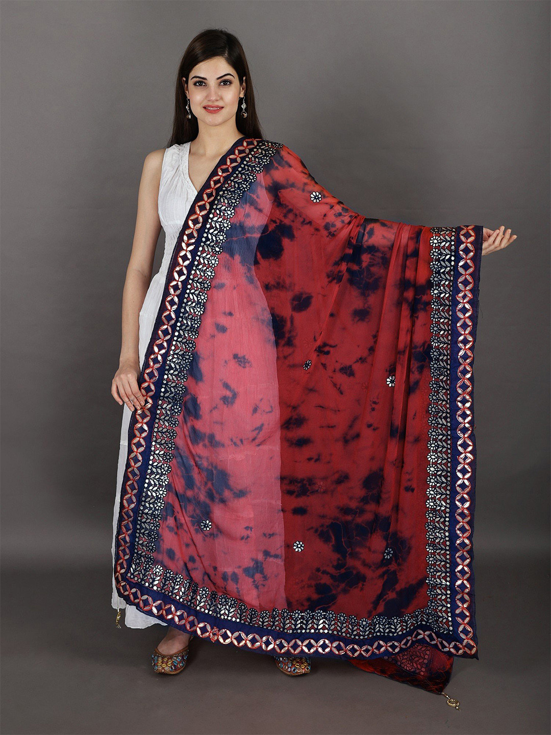Exotic India Urbanred Tie & Dye Digital Print Bemberg Extra-Wide Dupatta With Tassels