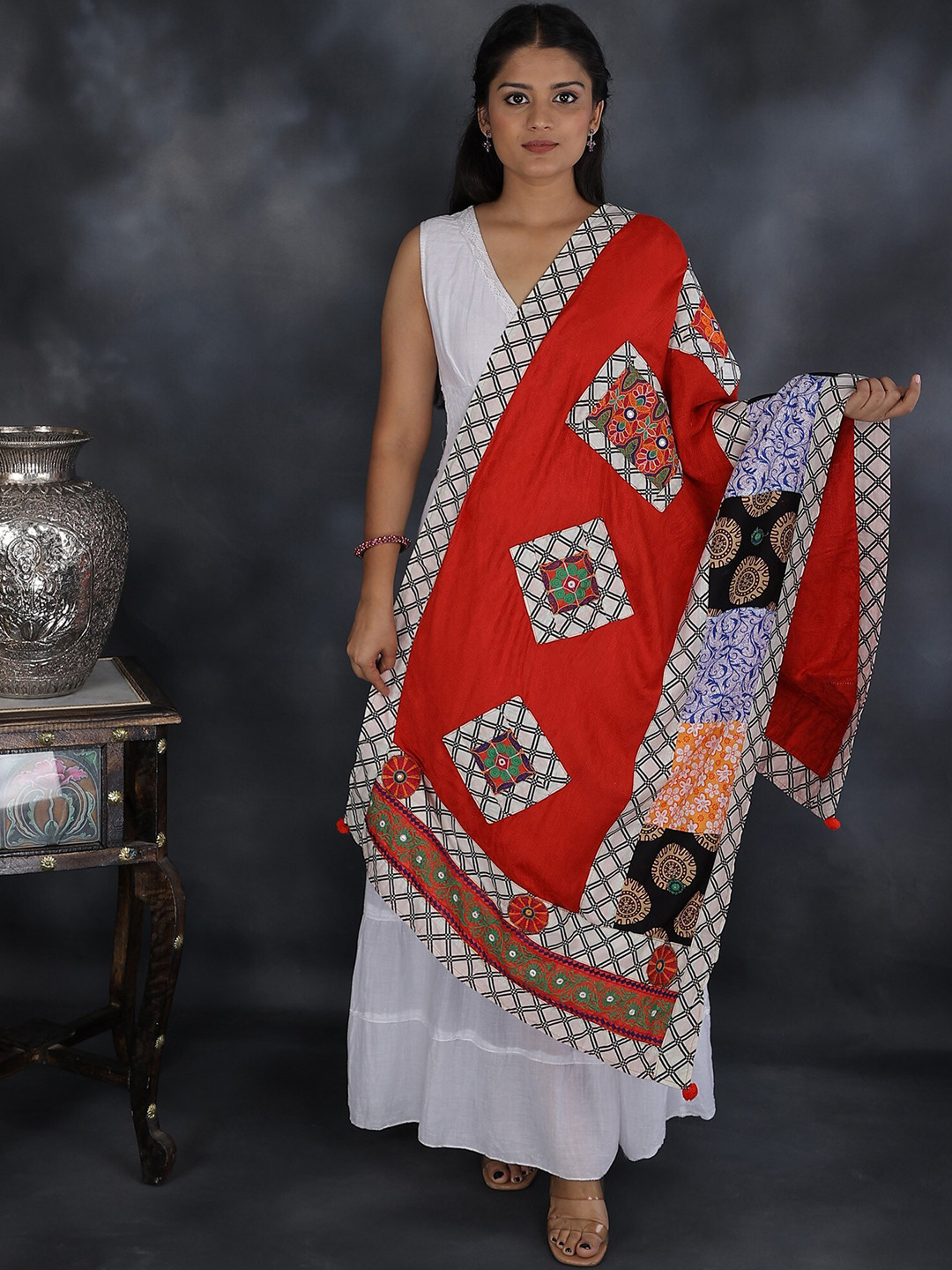 Exotic India Urban Red Dupatta with Embroidered Patchwork and Printed Borders