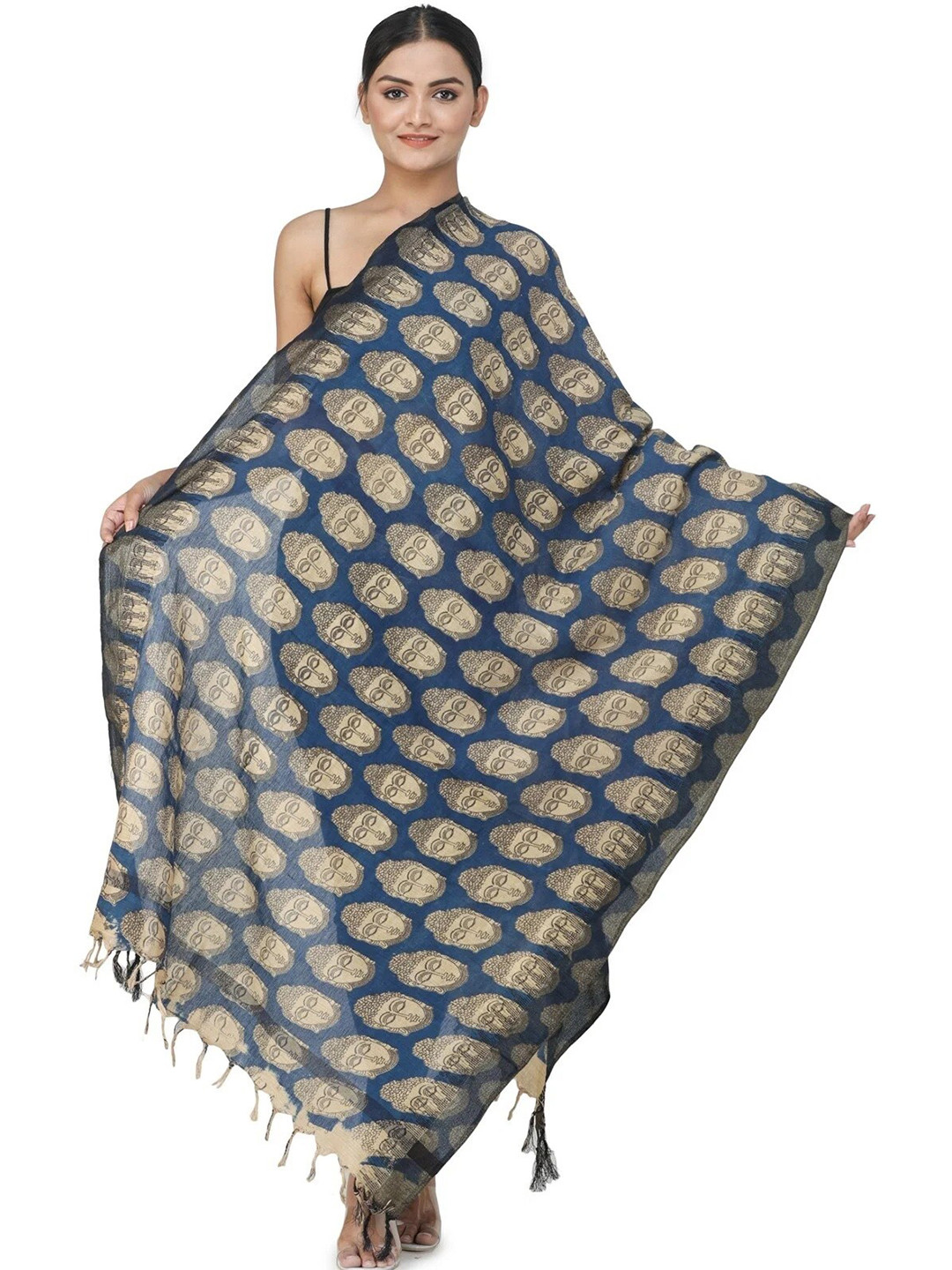 Exotic India Blue Quartz Buddha Heads Printed Kalamkari Art Silk Dupatta