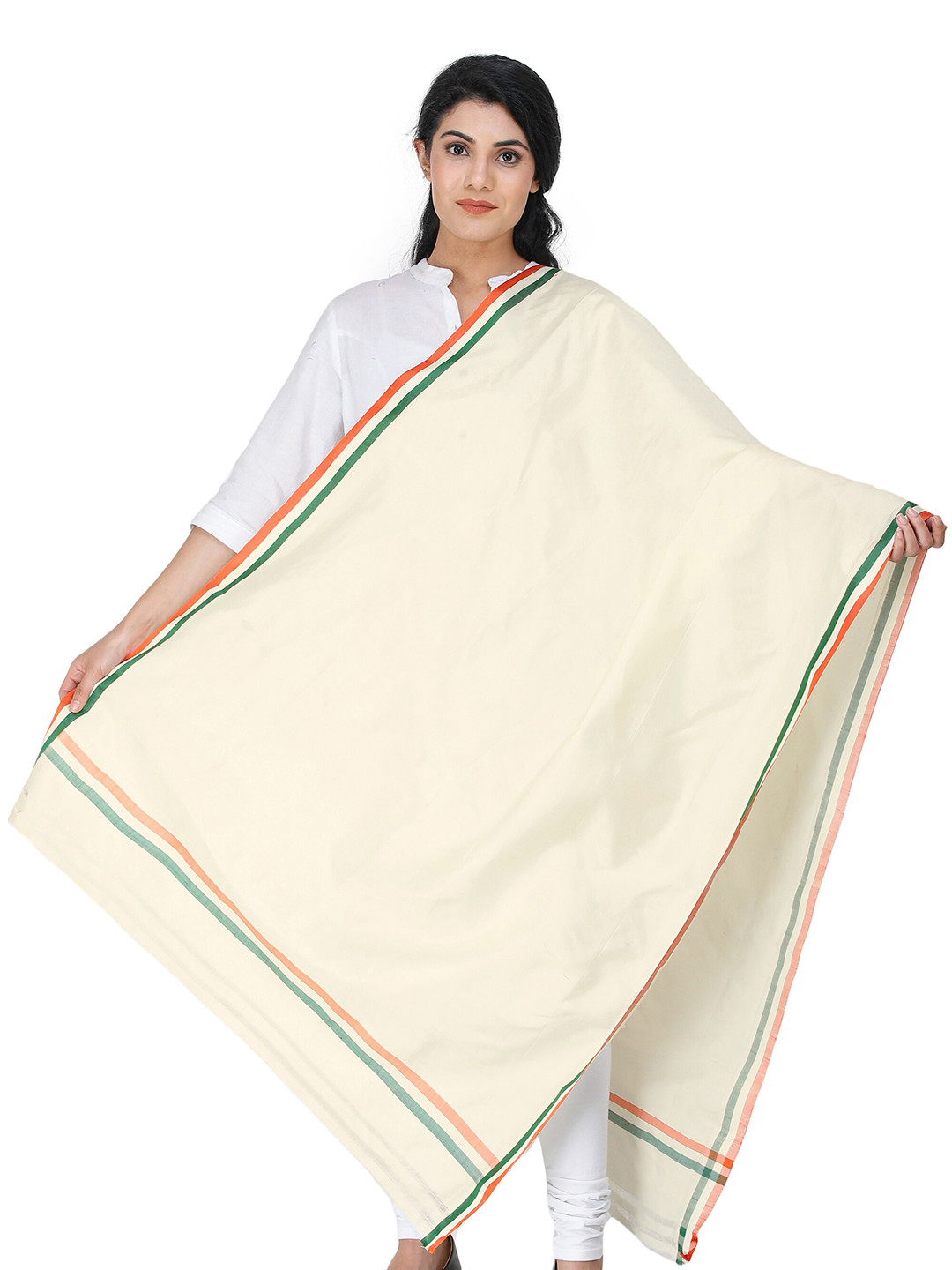 Exotic India Cream Pure Sik Dupatta with Tri-Color Woven Stripes on Border