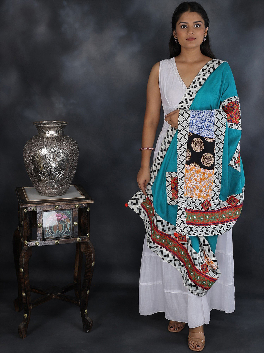 Exotic India Tropical Green Dupatta with Embroidered Patchwork and Printed Borders