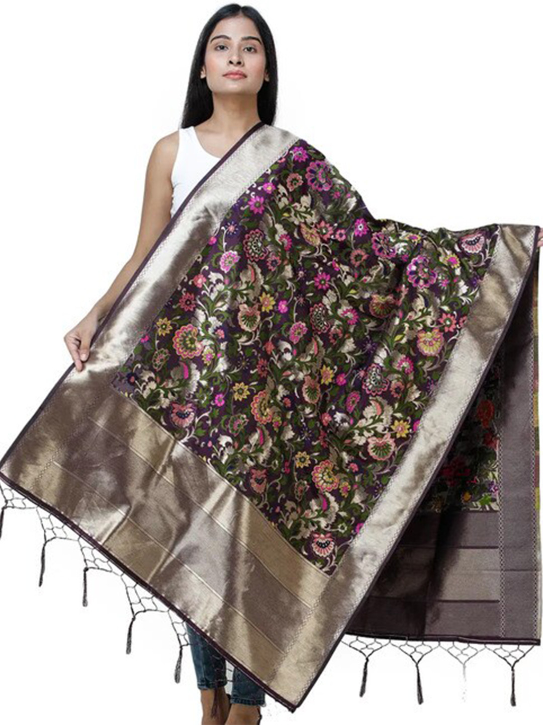 Exotic India Italian Plum Brocade Art Silk Dupatta with Woven Floral Motifs All-Over