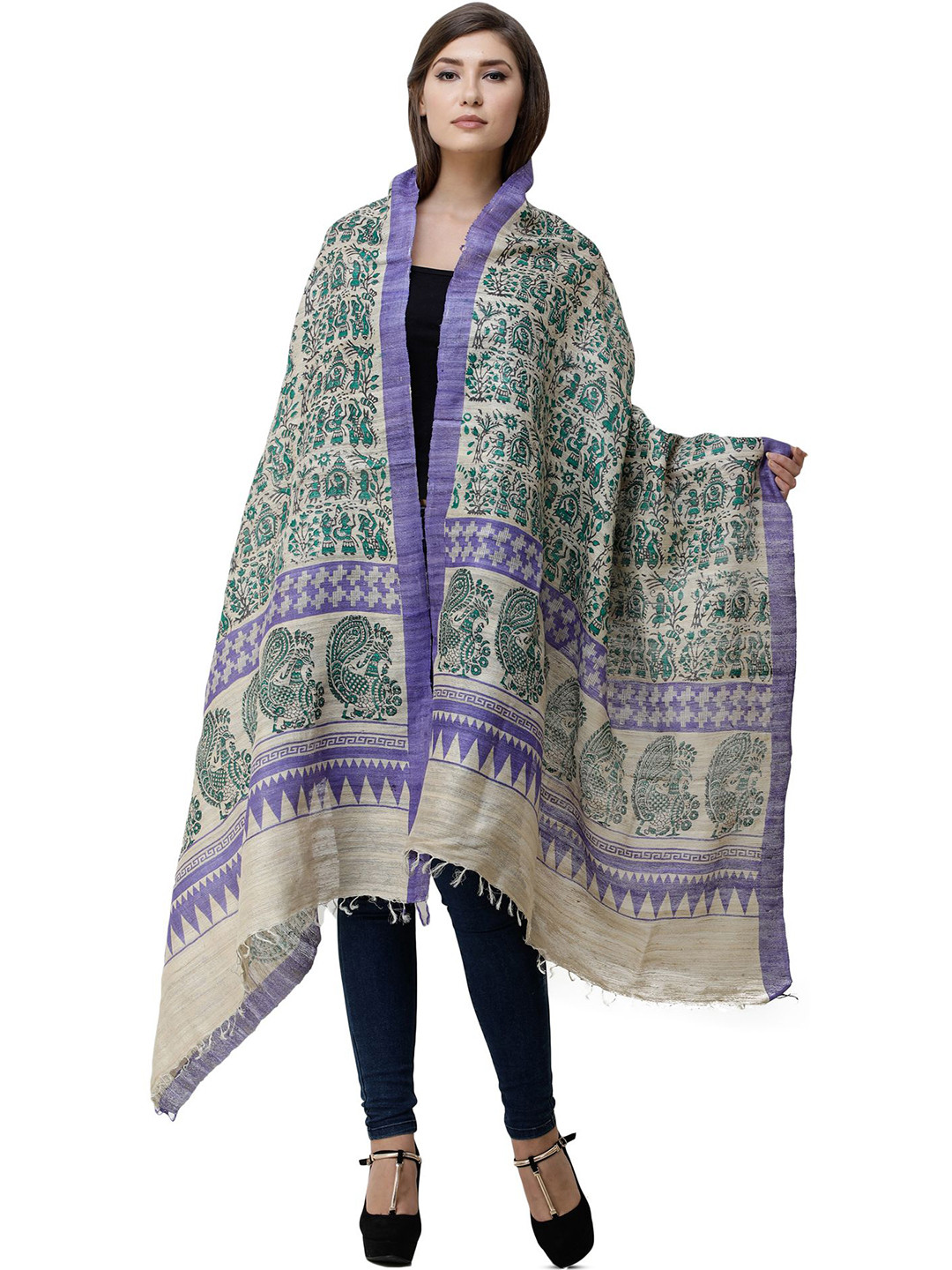 Exotic India Frozen Dew Printed Village Scenes Cotton Dupatta