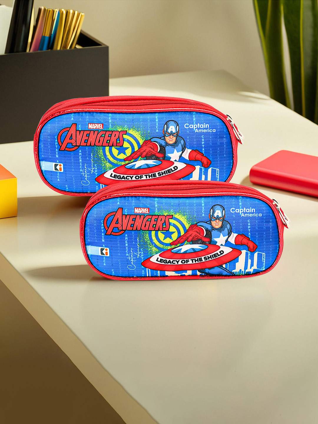 Kuber Industries Blue & Yellow 2 Pieces Marvel Captain America Printed Pencil Stationery