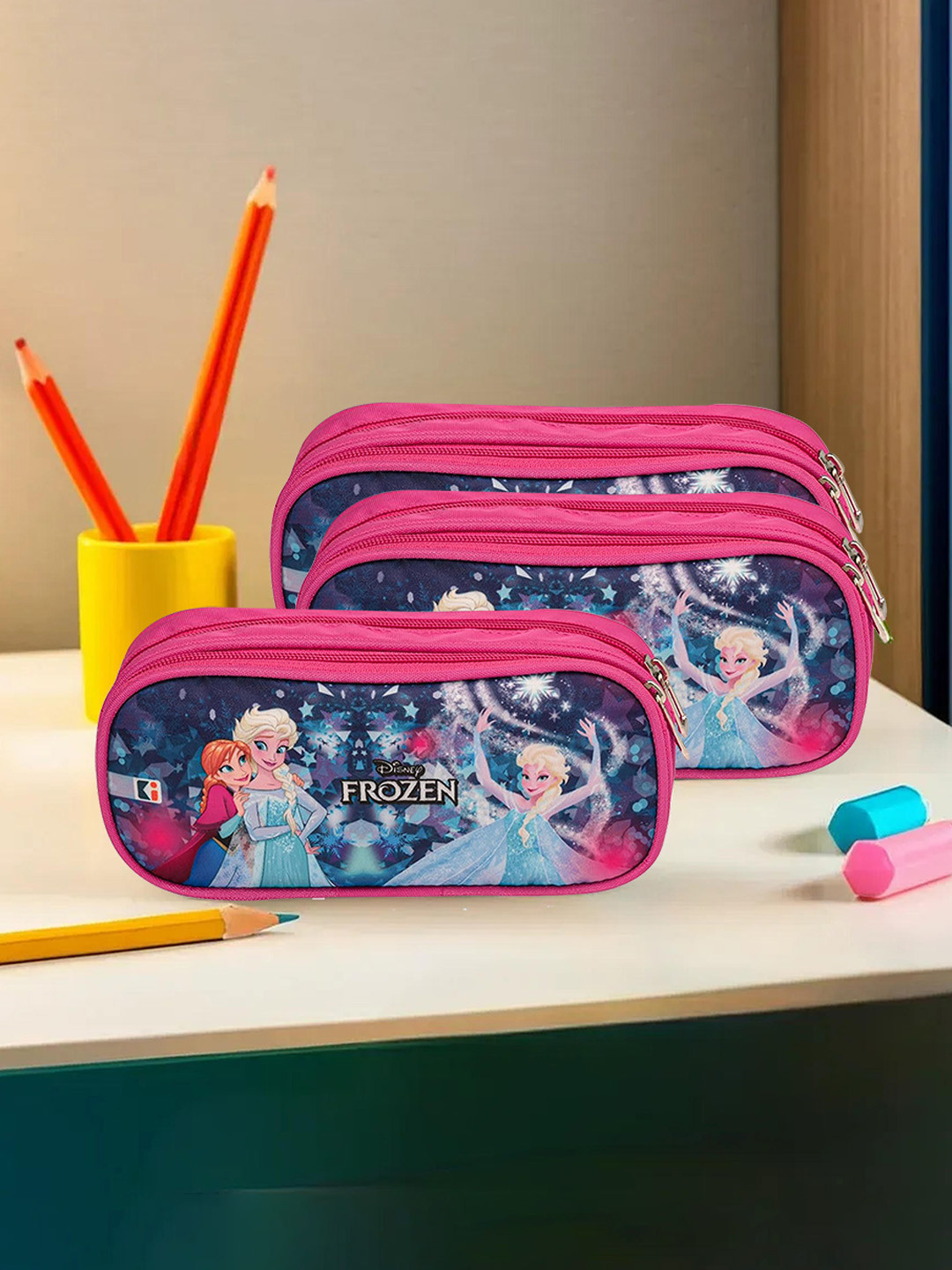 Kuber Industries Blue & Pink 3 Pieces Disney Frozen Printed Pencil Stationery