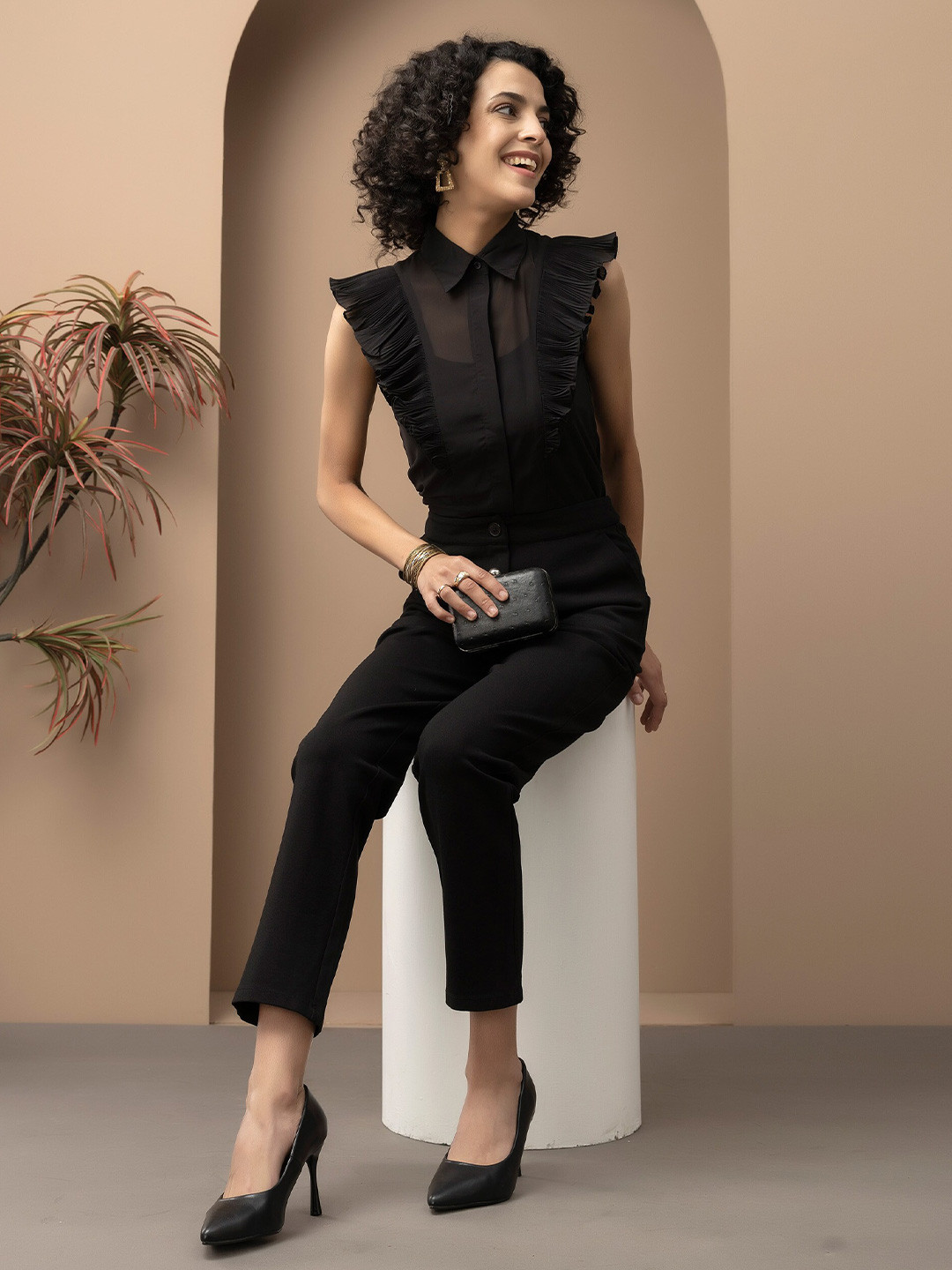 Beatnik Georgette Shirt Style Ruffle Top