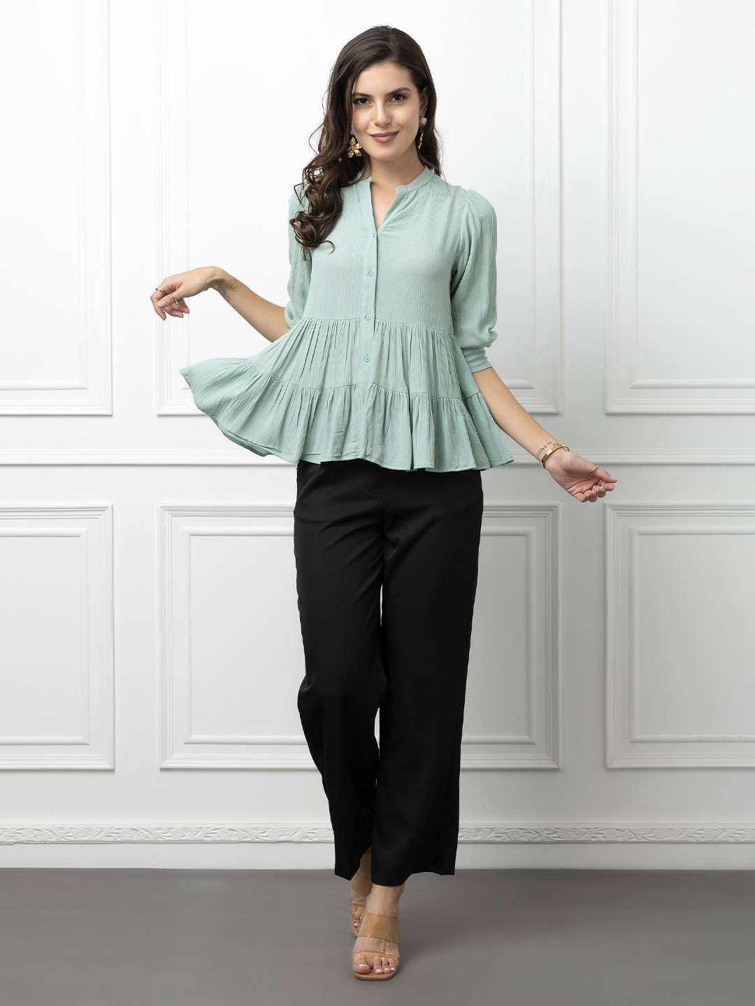 Beatnik Bell Mandarin Collar Short Sleeves Top