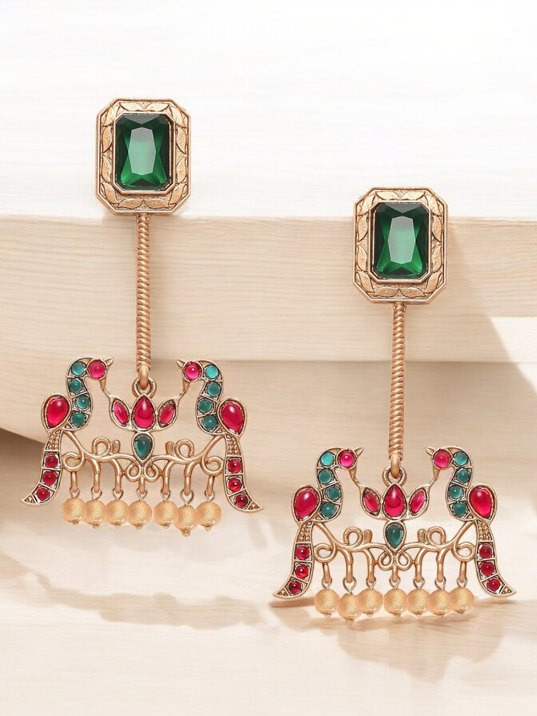 OOMPH Peacock Shaped Jadau Kundan Drop Earrings