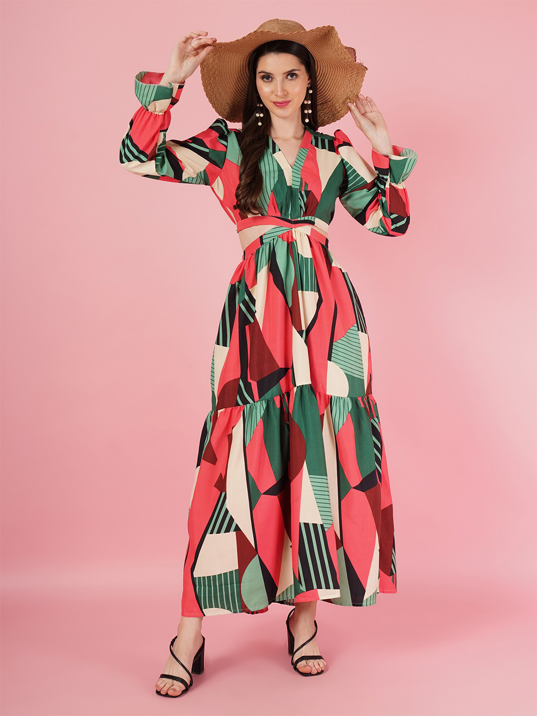 OTABU Abstract Print V-Neck Cut-Outs Linen Maxi Dress