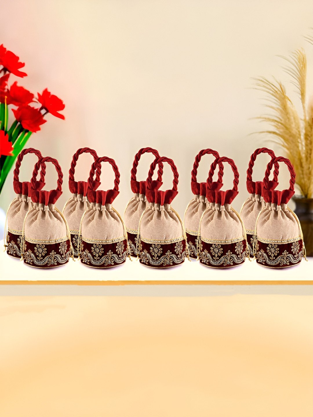 Kuber Industries Cream-Coloured 10 Pieces Regular Potli Bag With Handle