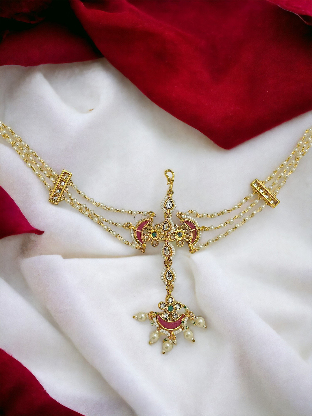 FEMMIBELLA Gold-Plated Artificial Beads Studded Matha Patti Head Jewellery