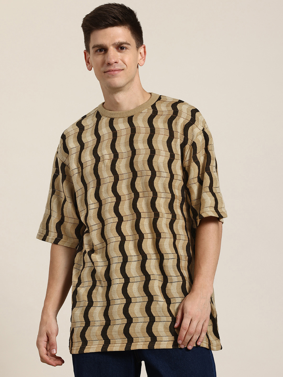 HERE&NOW Geo Knit Acrylic Self-Design Open Knit Drop-Shoulder Sleeves Oversized T-shirt