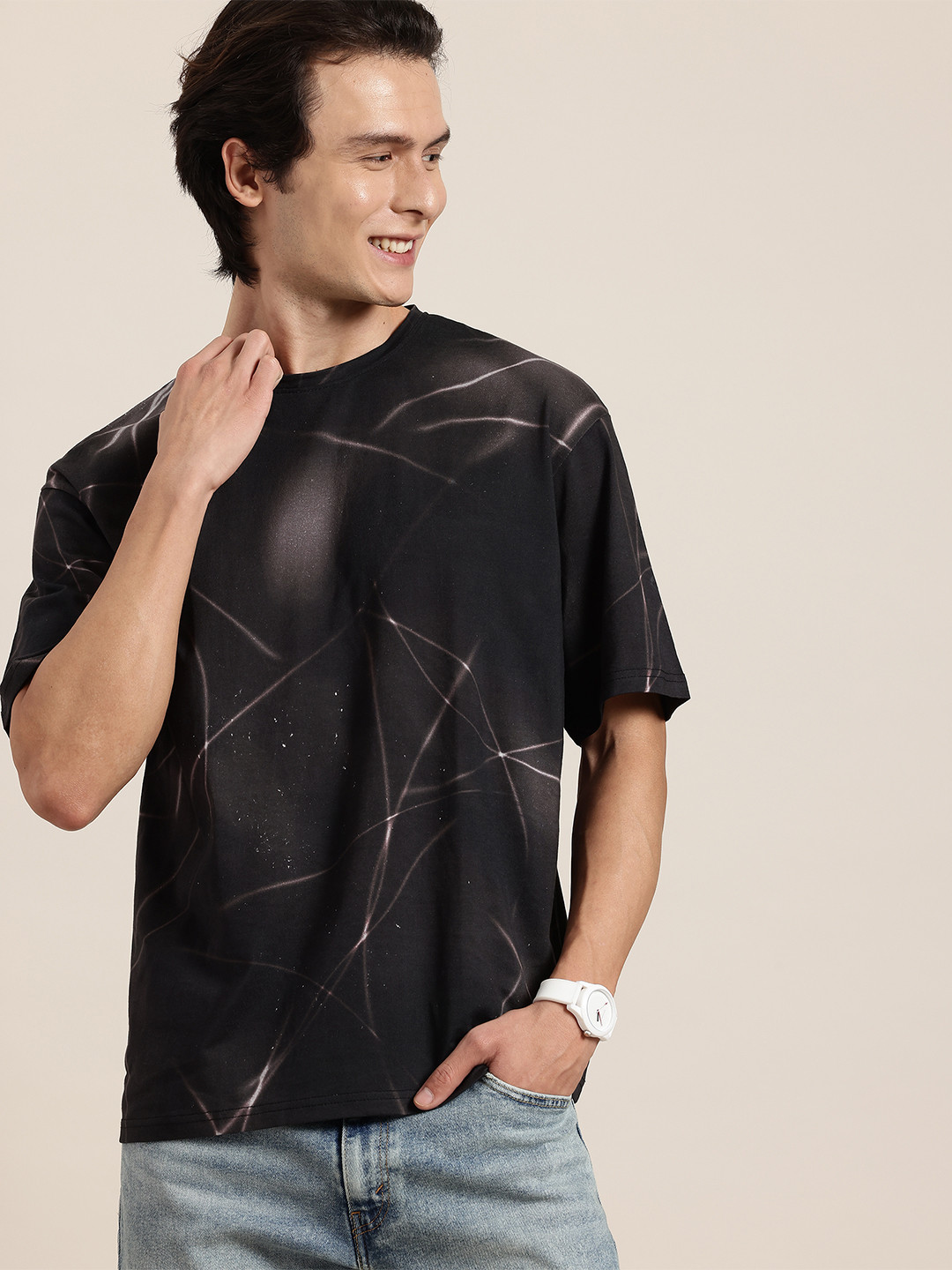 HERE&NOW Smudged Pattern Printed Drop-Shoulder Sleeves Pure Cotton T-Shirt