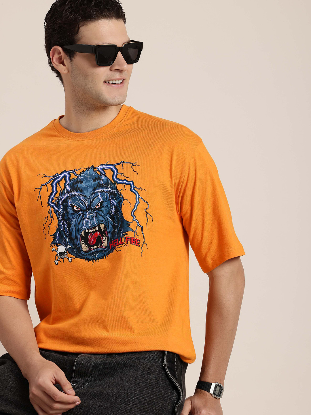 HERE&NOW Gritty Character Graphic Printed Drop-Shoulder Sleeves Pure Cotton Casual T-shirt