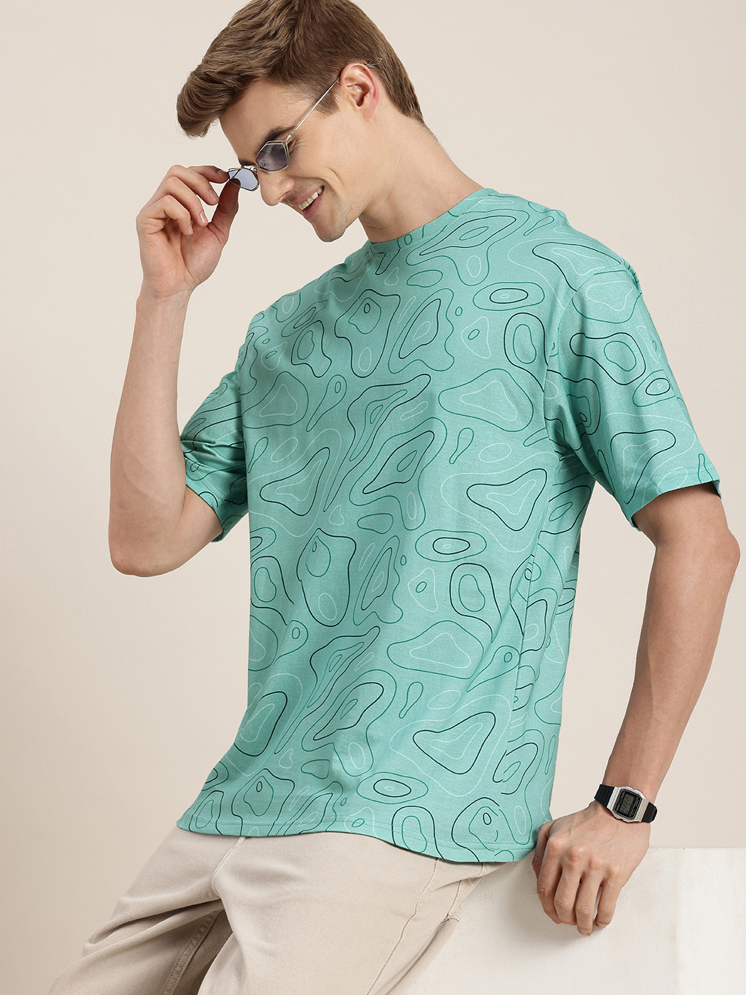 HERE&NOW Mapped Printed Drop-Shoulder Sleeves Pure Cotton Oversized T-shirt