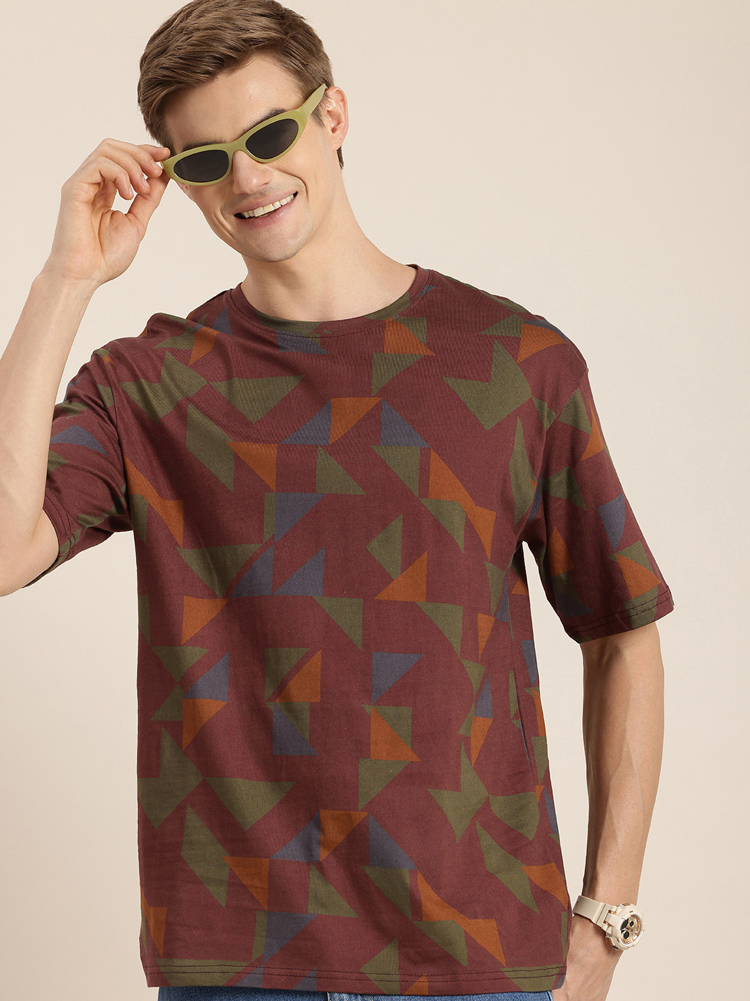 HERE&NOW Print Mosaics Drop-Shoulder Sleeves Pure Cotton Relaxed Fit T-shirt