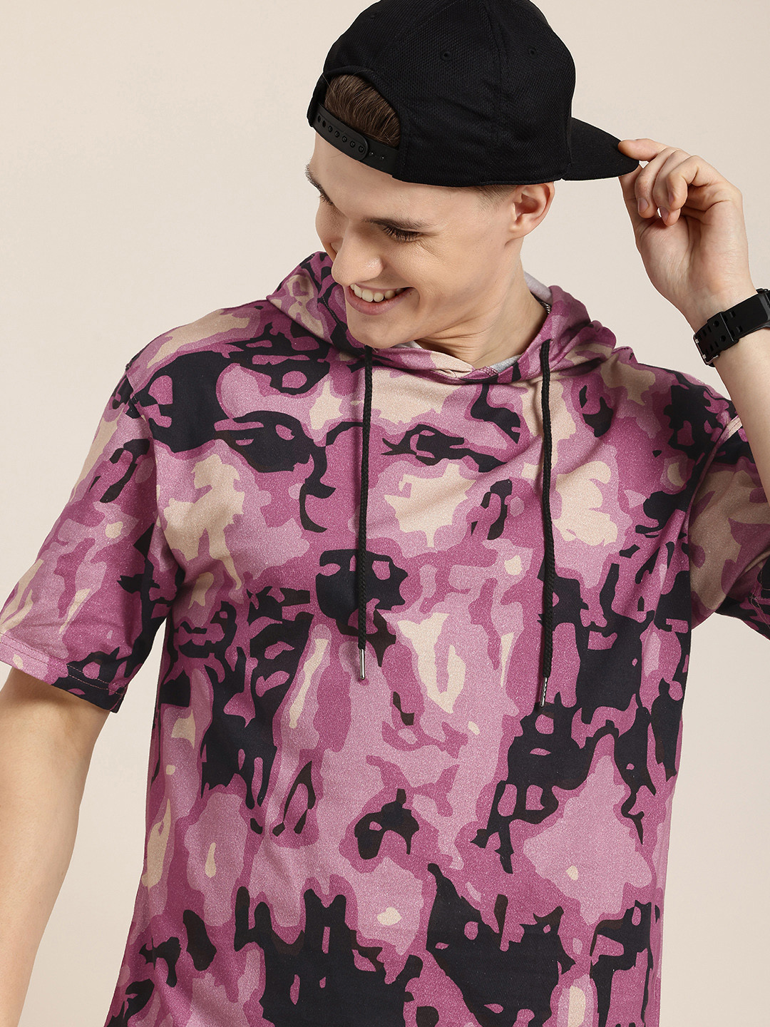 HERE&NOW Gritty Character Cotton Printed Hooded Drop-Shoulder Sleeves Relaxed Fit T-shirt