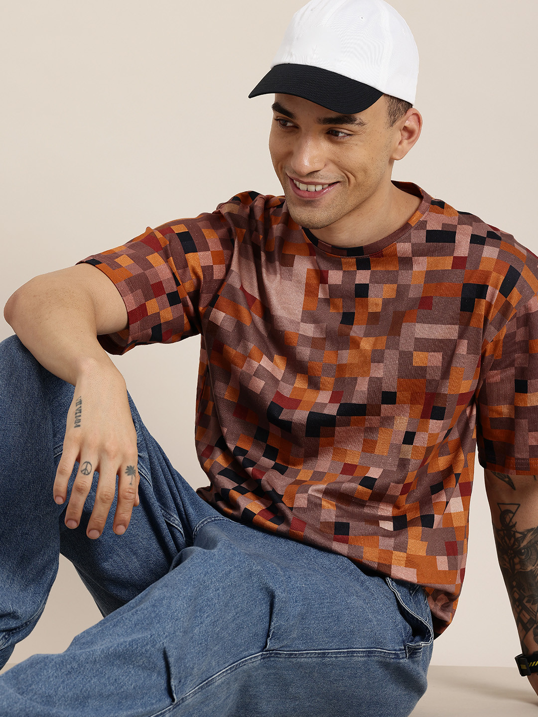 HERE&NOW Pixel Byte Printed Drop-Shoulder Sleeves Oversized Pure Cotton T-shirt