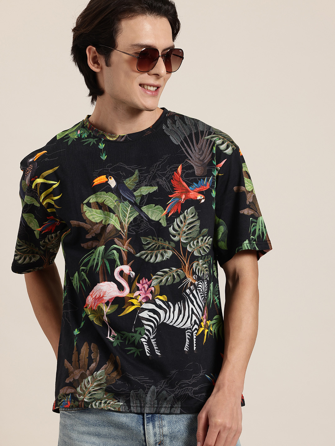 HERE&NOW Wildlife Luxury Printed Drop-Shoulder Sleeves Pure Cotton T-Shirt