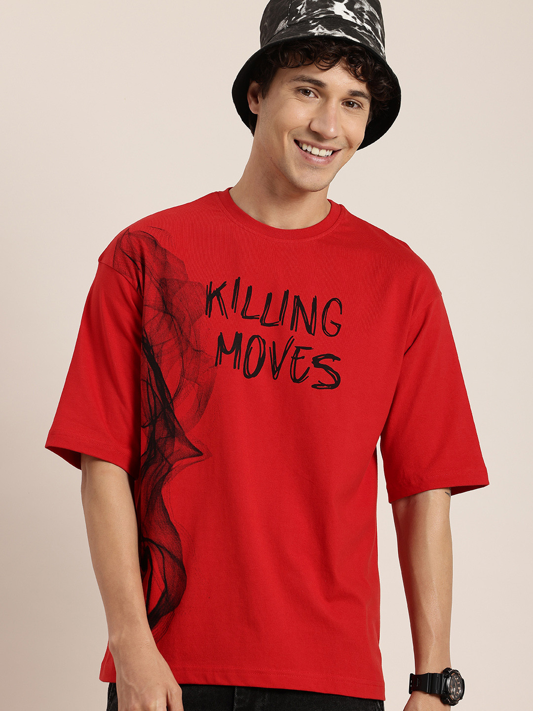 HERE&NOW Rebellious Spirit Printed Drop-Shoulder Sleeves Pure Cotton Casual T-shirt