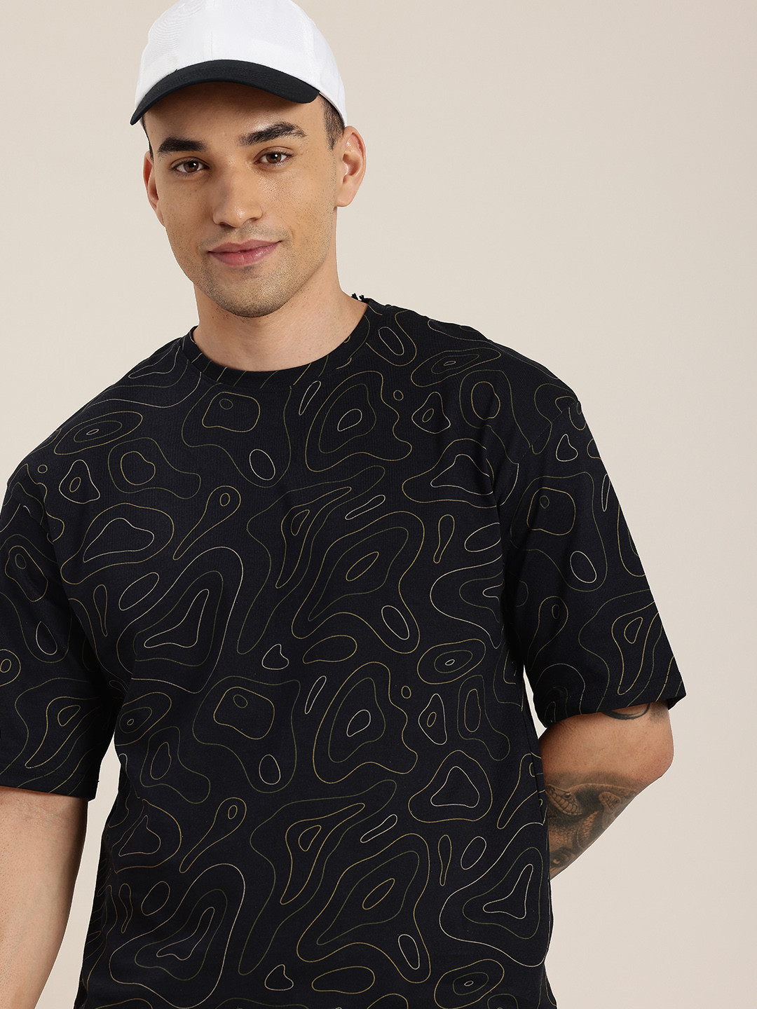 HERE&NOW Mapped Printed Drop-Shoulder Sleeves Oversized Pure Cotton T-shirt