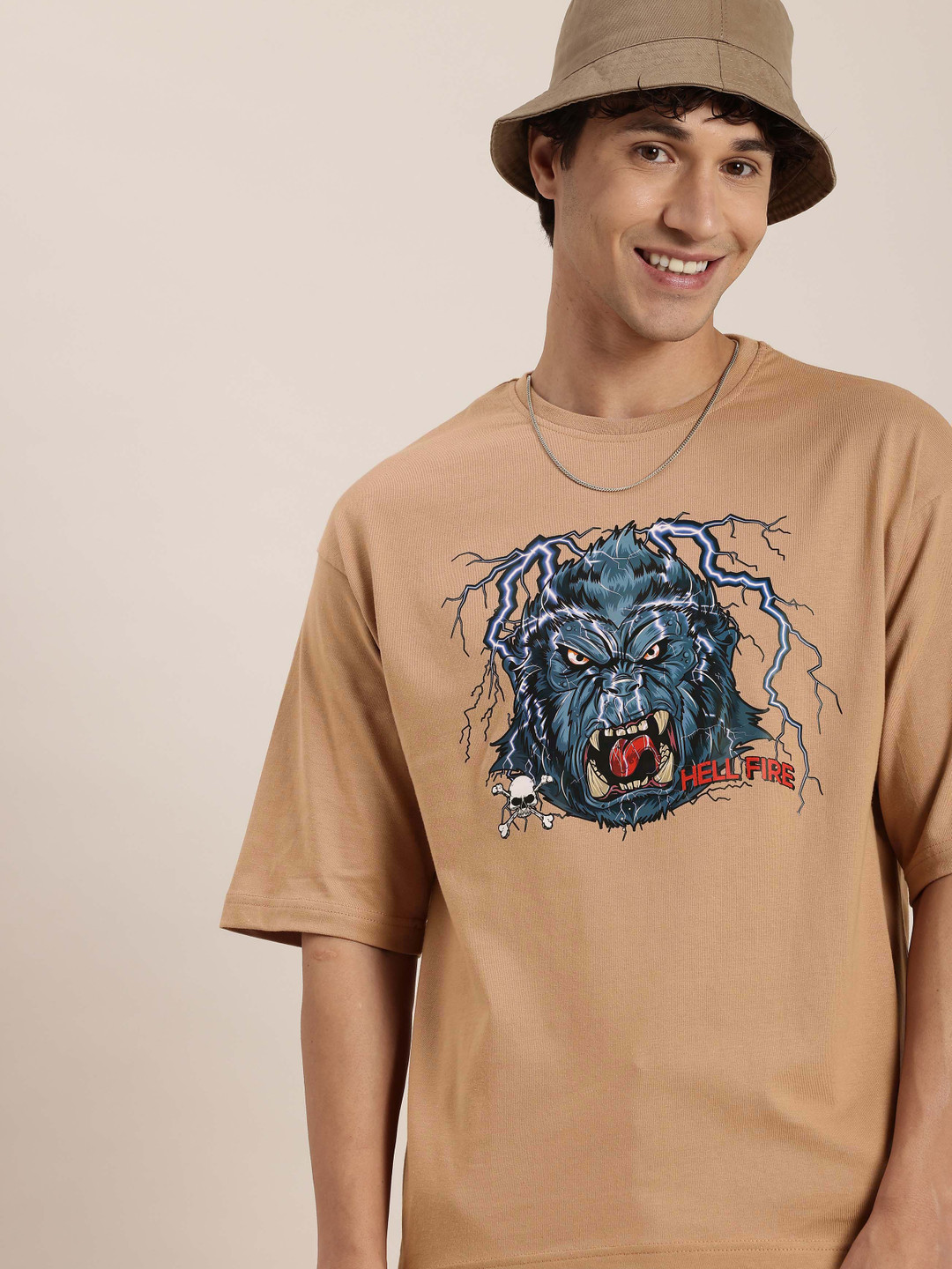 HERE&NOW Gritty Character Graphic Printed Drop-Shoulder Sleeves Pure Cotton Casual T-shirt