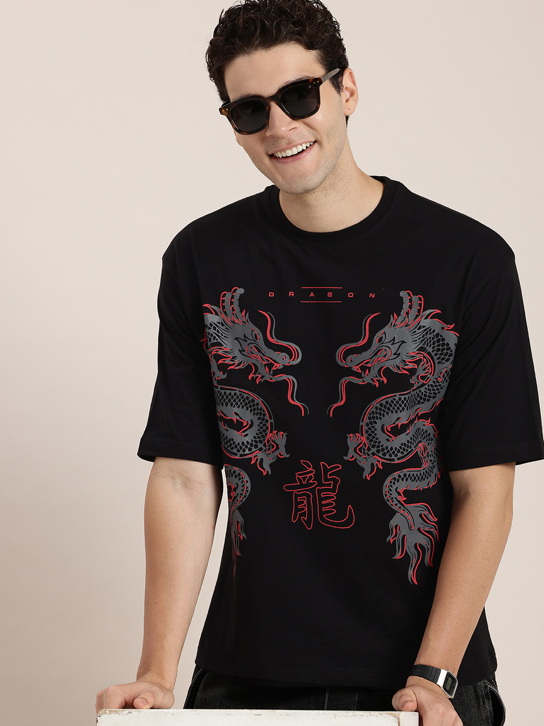 HERE&NOW Wildlife Luxury Graphic Printed Drop-Shoulder Sleeves Pure Cotton Casual T-shirt