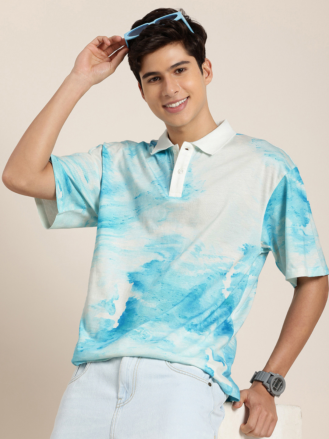 HERE&NOW Super Nature Cotton Printed Polo Collar Drop-Shoulder Sleeves Relaxed Fit T-shirt