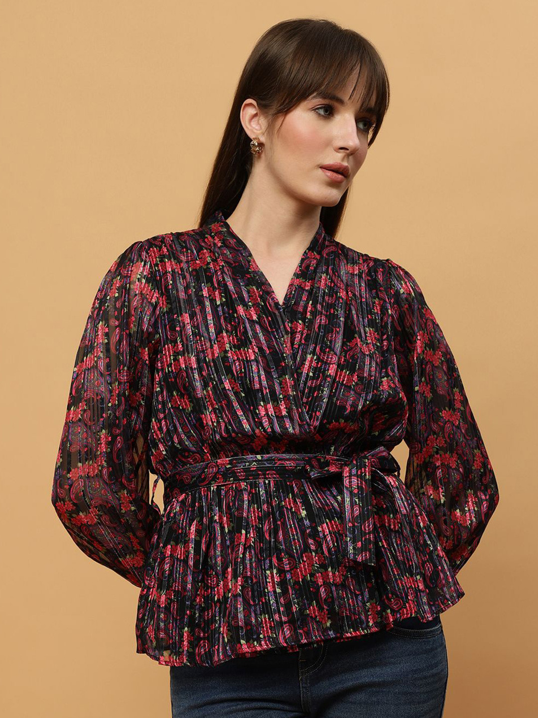 Beatnik Floral Printed V-Neck Long Sleeves Wrap Top